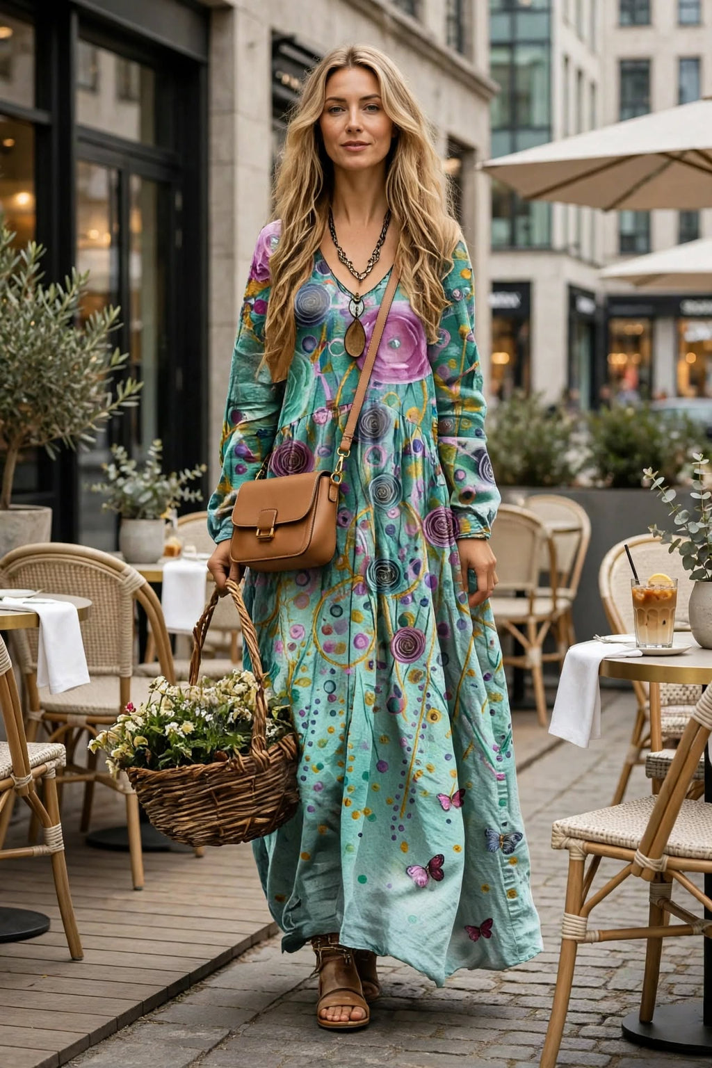 Robe maxi bohème à imprimé floral papillon et col en V, manches longues