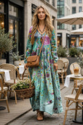 Robe maxi bohème à imprimé floral papillon et col en V, manches longues