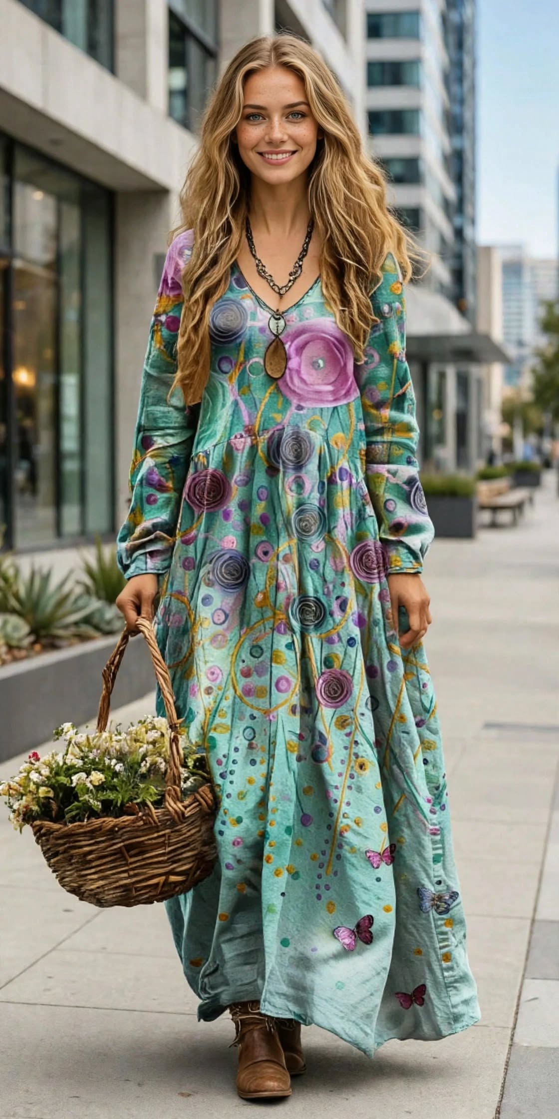 Robe maxi bohème à imprimé floral papillon et col en V, manches longues