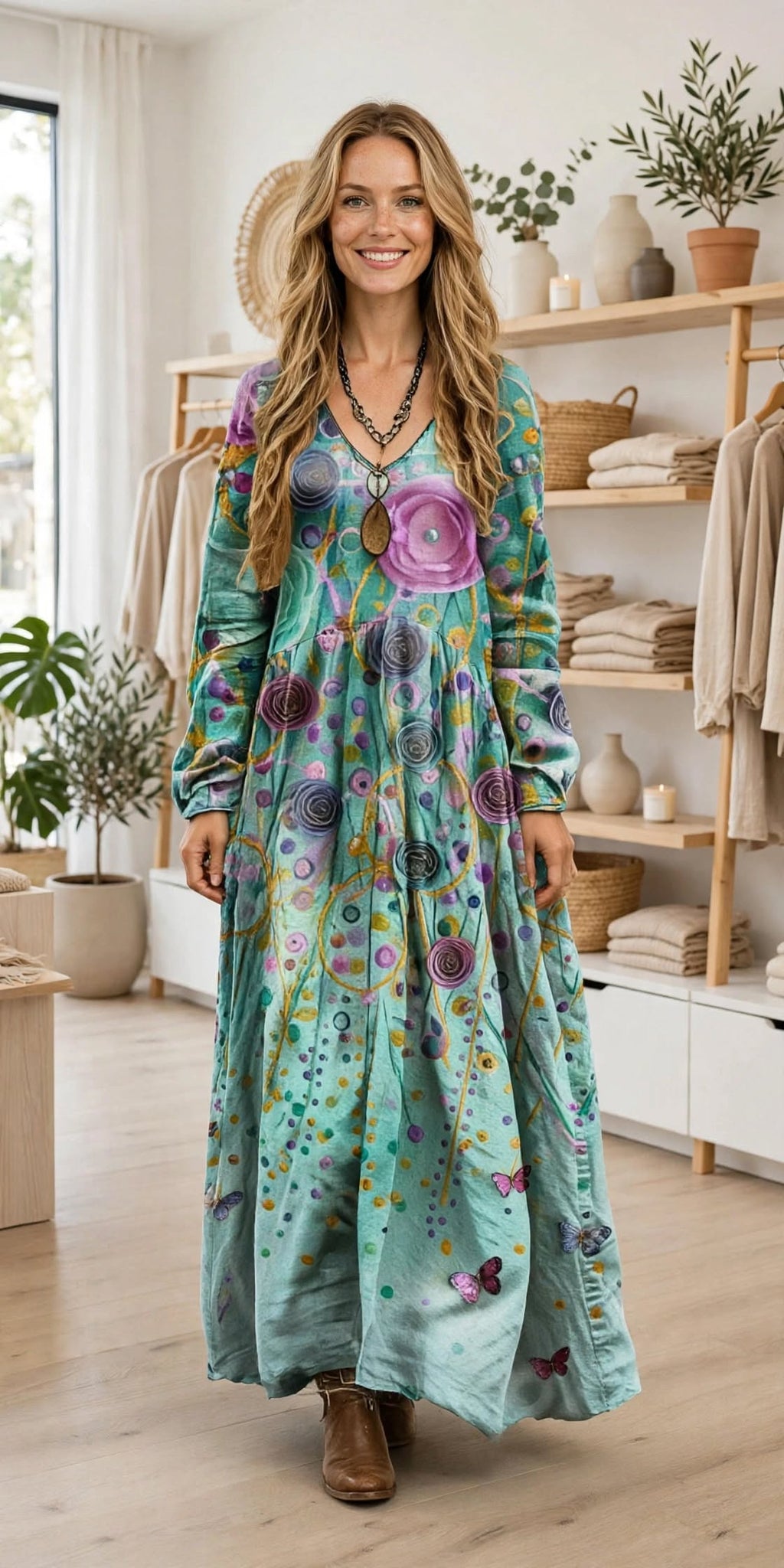 Robe maxi bohème à imprimé floral papillon et col en V, manches longues