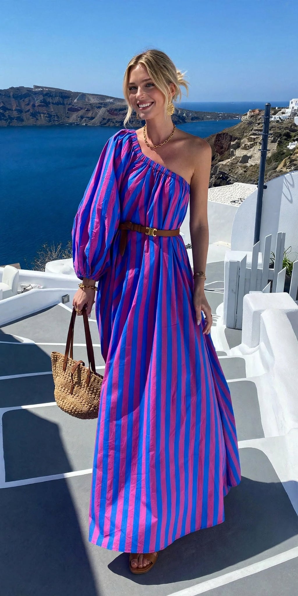 Robe bohème rayée asymétrique mi-longue à taille ajustable