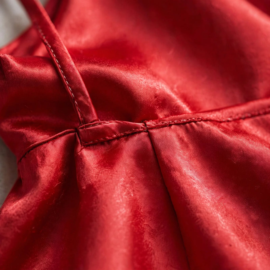 Robe longue portefeuille en soie rouge cerise, dos nu, fines bretelles, fente haute