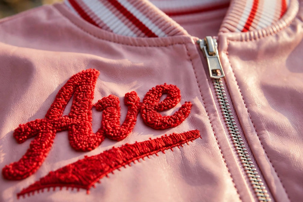 Veste de baseball rose décontractée, coupe ajustée, patchwork brodé