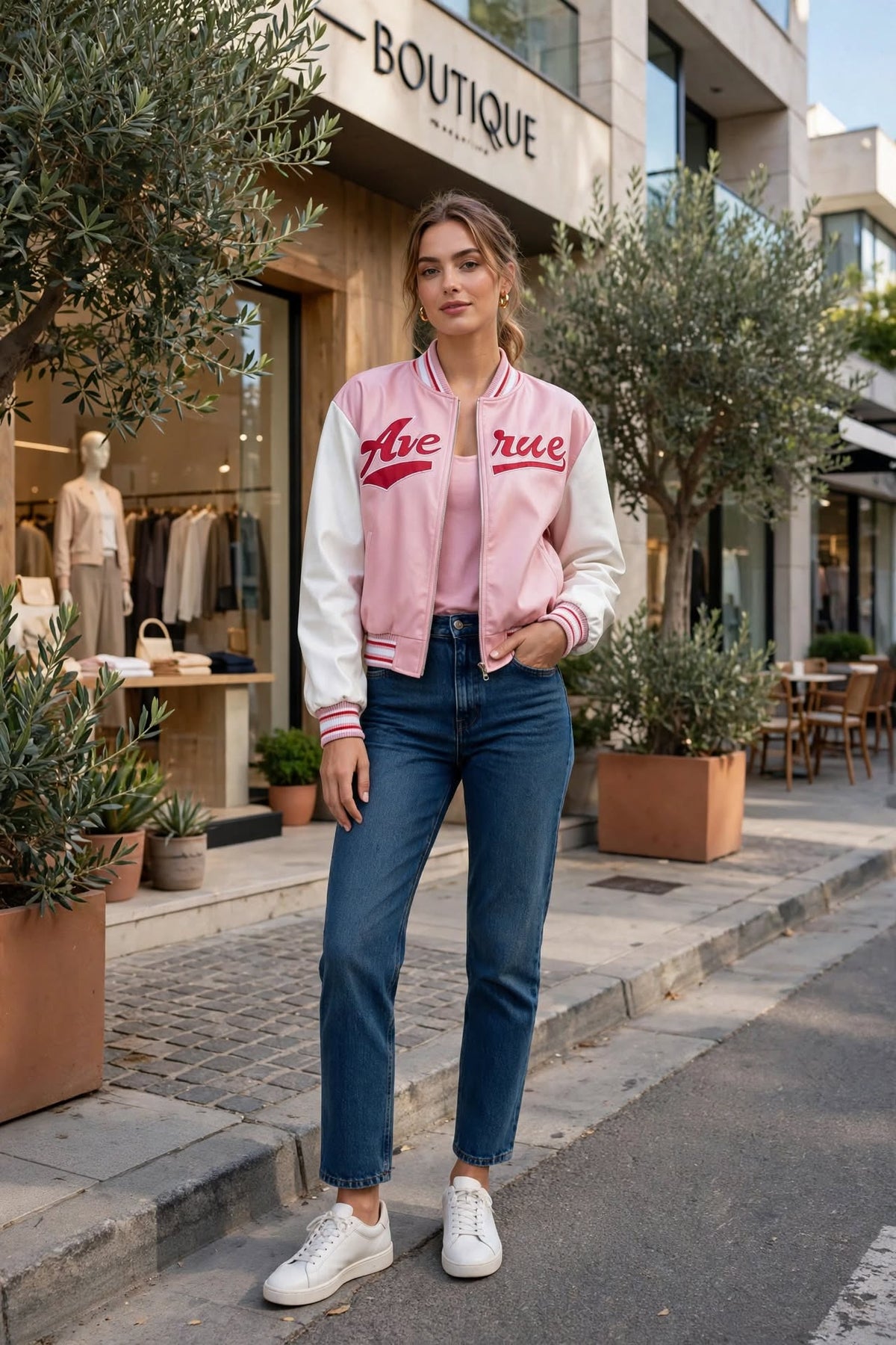 Veste de baseball rose décontractée, coupe ajustée, patchwork brodé