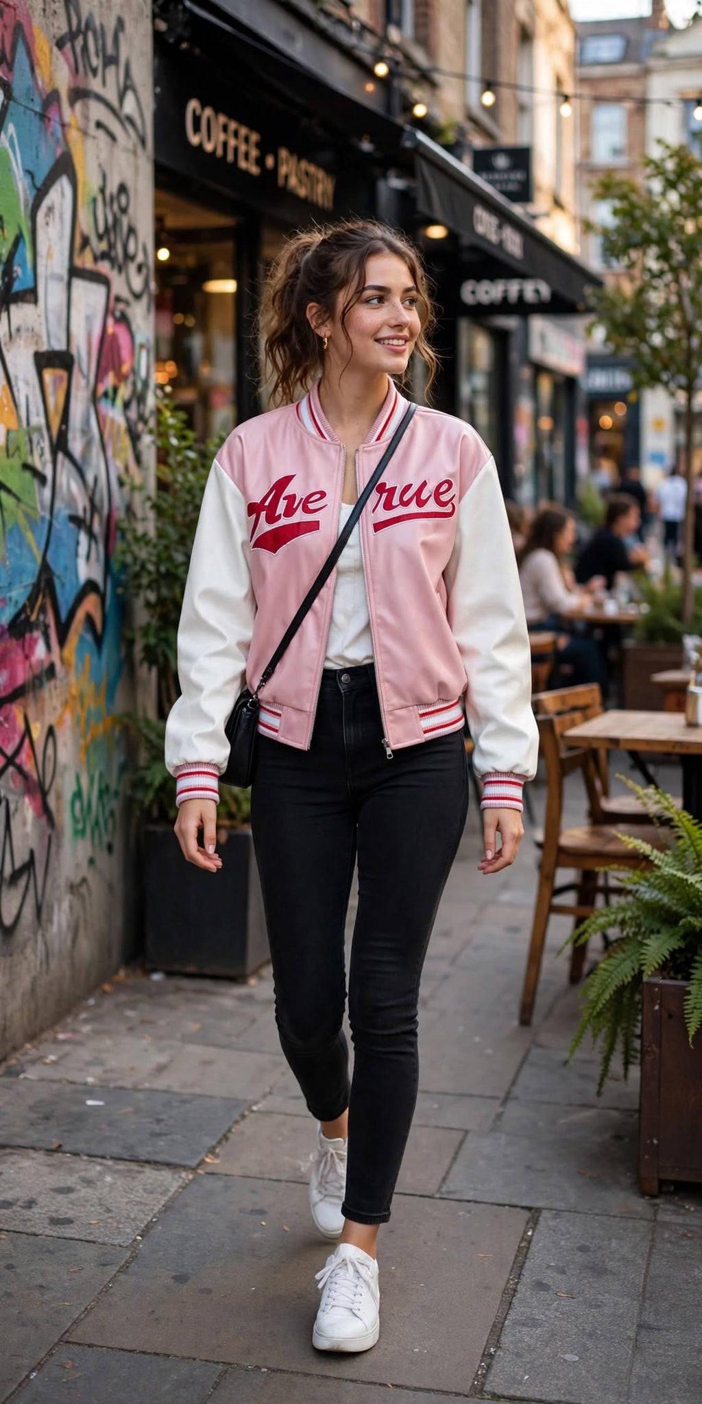 Veste de baseball rose décontractée, coupe ajustée, patchwork brodé