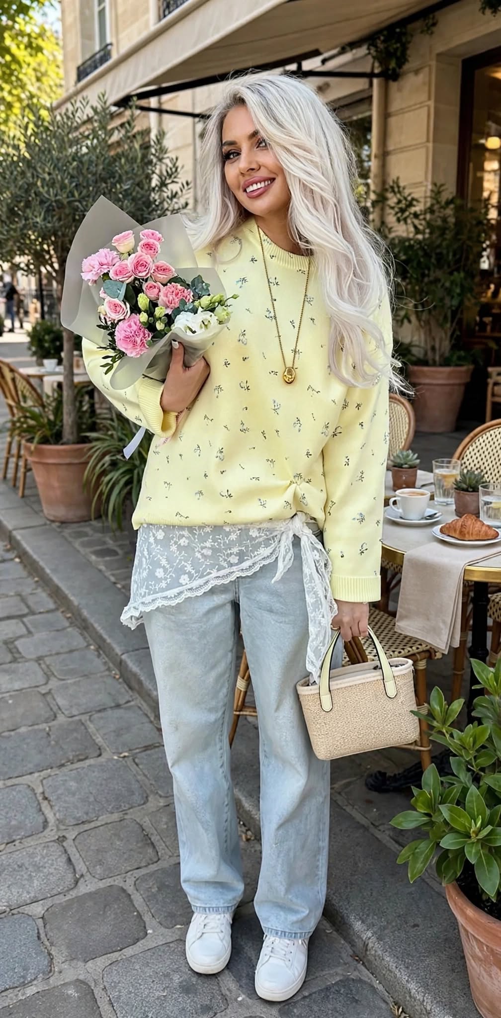 Pull à col rond à imprimé floral chic pour femme, en polyester léger