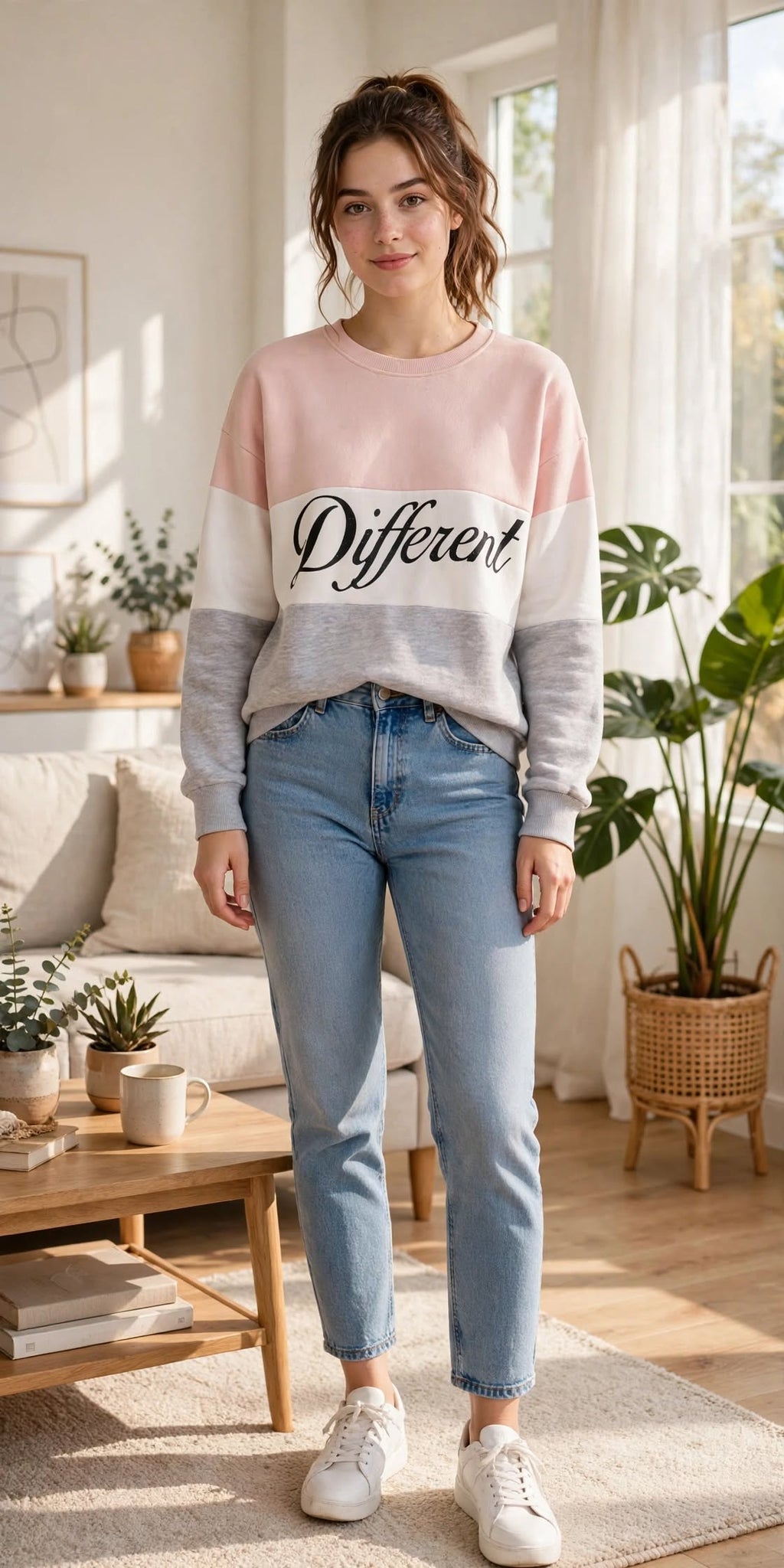 Sweat-shirt à blocs de couleurs alphabet, cardigan léger et décontracté à manches lanternes