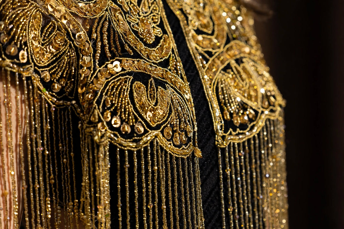 Cape bohème dorée faite main avec perles de verre scintillantes, tailles UK 8-20