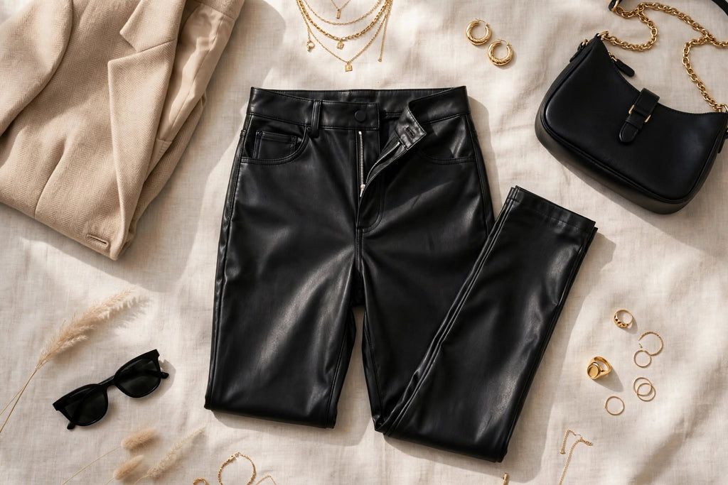 Pantalon en Simili-Cuir Noir 'Lueur Urbaine' - Coupe Ajustée Élégante