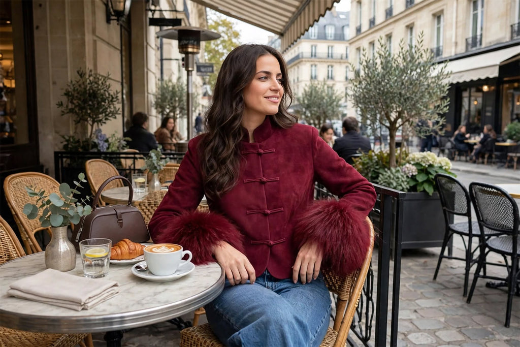 Veste Suedine Élégance Rouge Rubis - Finitions Fourrure