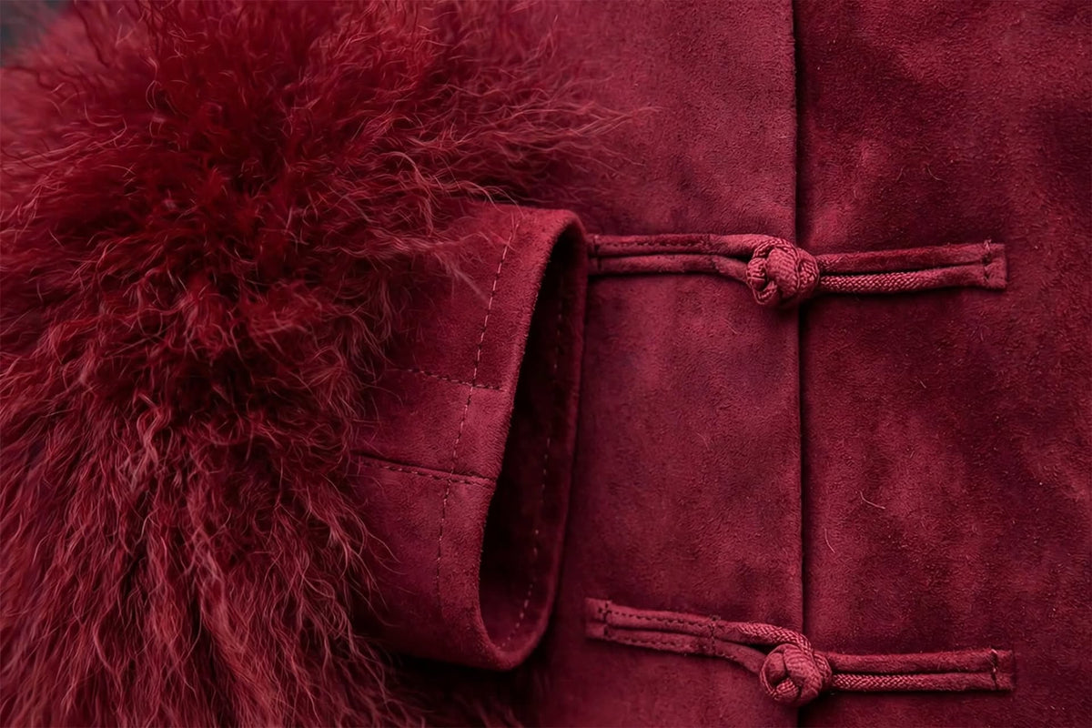 Veste Suedine Élégance Rouge Rubis - Finitions Fourrure