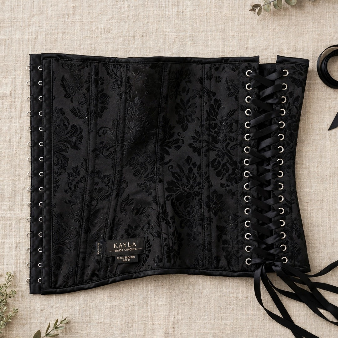 KAYLA - Serre-Taille Waspie | Corset Brocart Noir Cincher | Waist Trainer Luxe