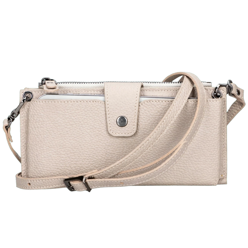 Handy-Geldbörse aus Leder für Damen mit Umhängeband - Kaycee - Beige / Cognac / Leopardenmuster
