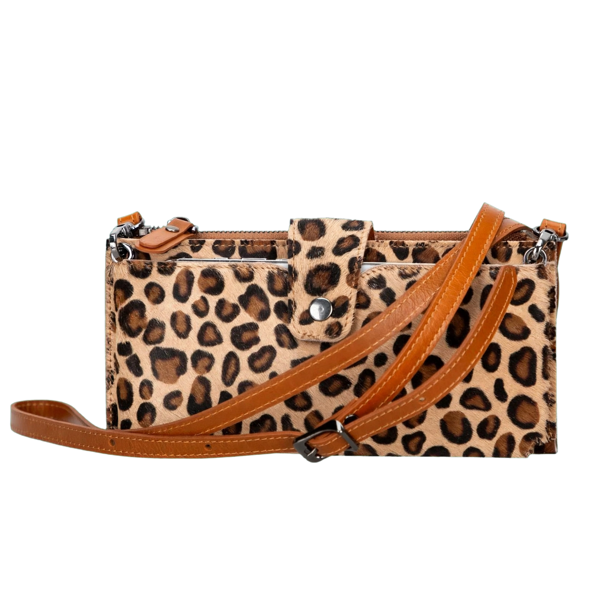 Handy-Geldbörse aus Leder für Damen mit Umhängeband - Kaycee - Beige / Cognac / Leopardenmuster