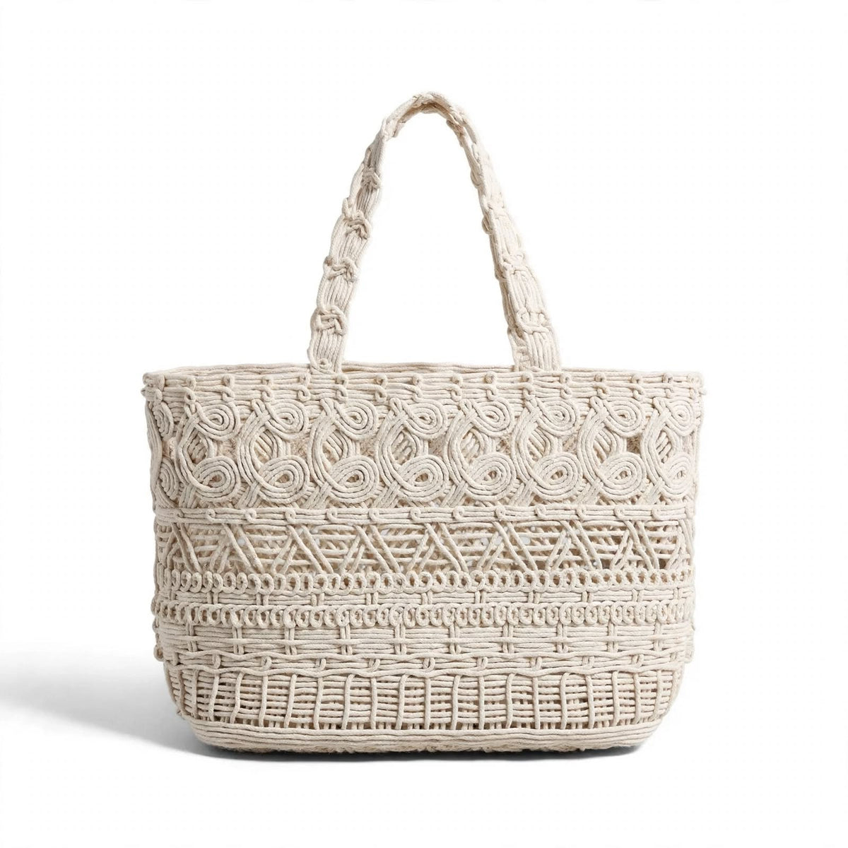 BOHO - Sac Macramé Tressé Main Corde Coton Ivory - Tote Artisanal avec Pochette Zippée