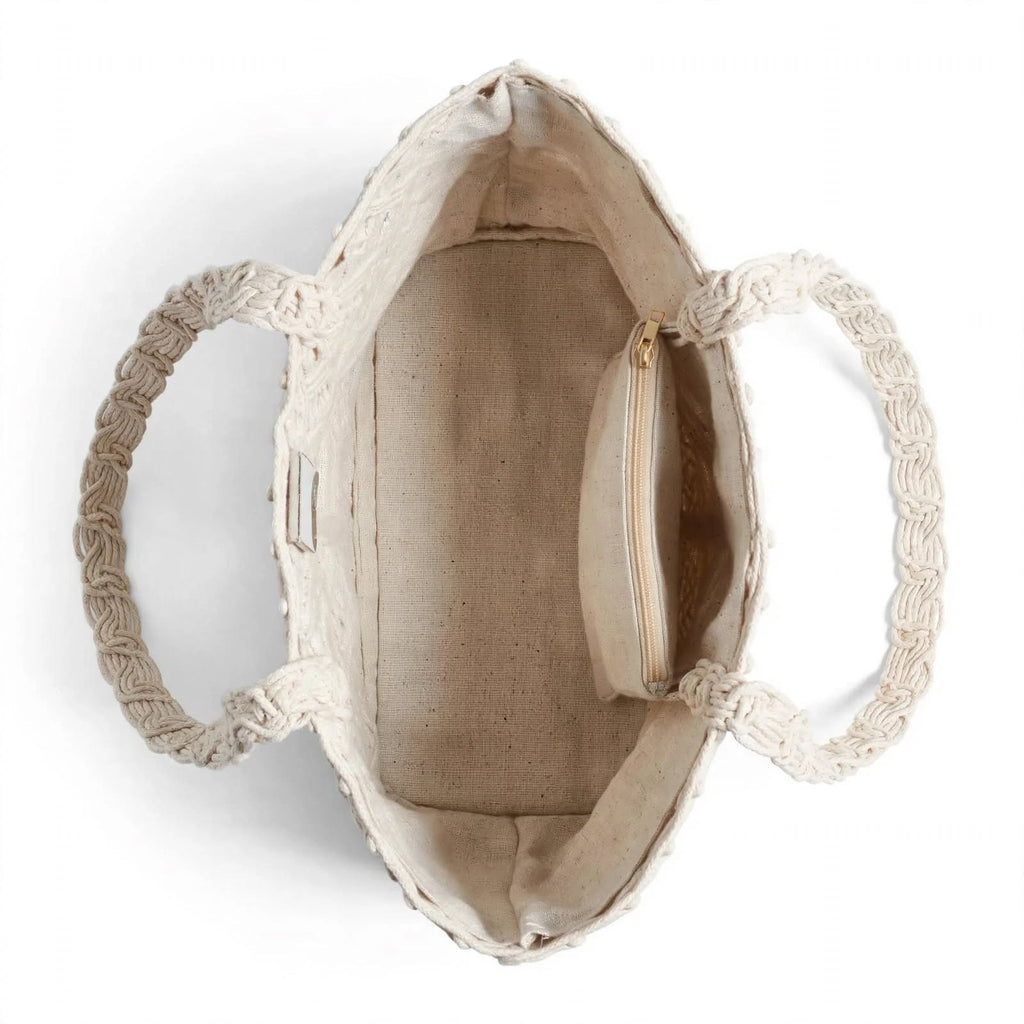 BOHO - Handgeflochtene Makramee-Tasche aus Baumwollkordel in Elfenbein - Kunsthandwerkliche Tragetasche mit Reißverschlusstasche