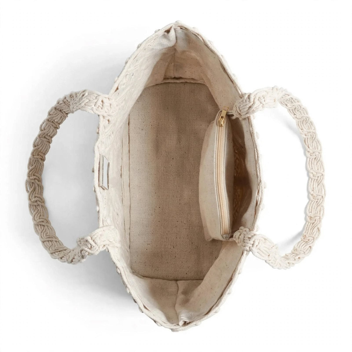 BOHO - Sac Macramé Tressé Main Corde Coton Ivory - Tote Artisanal avec Pochette Zippée