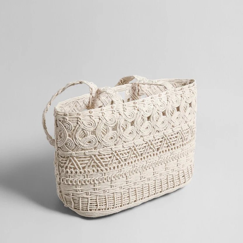 BOHO - Handgeflochtene Makramee-Tasche aus Baumwollkordel in Elfenbein - Kunsthandwerkliche Tragetasche mit Reißverschlusstasche