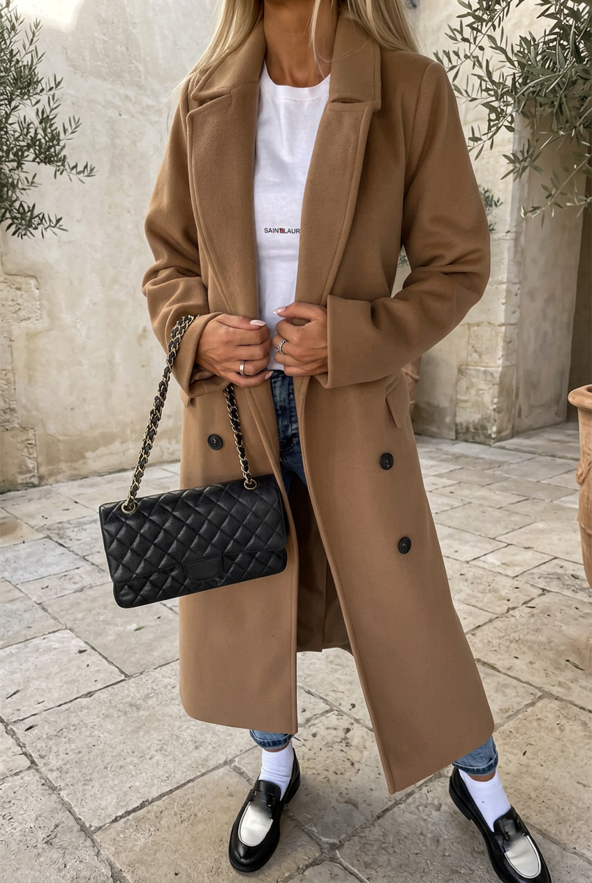 Manteau long camel dans une cour en pierre crème