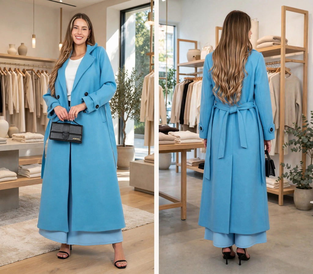 Manteau Long Bleu Ciel Ceinturé Femme
