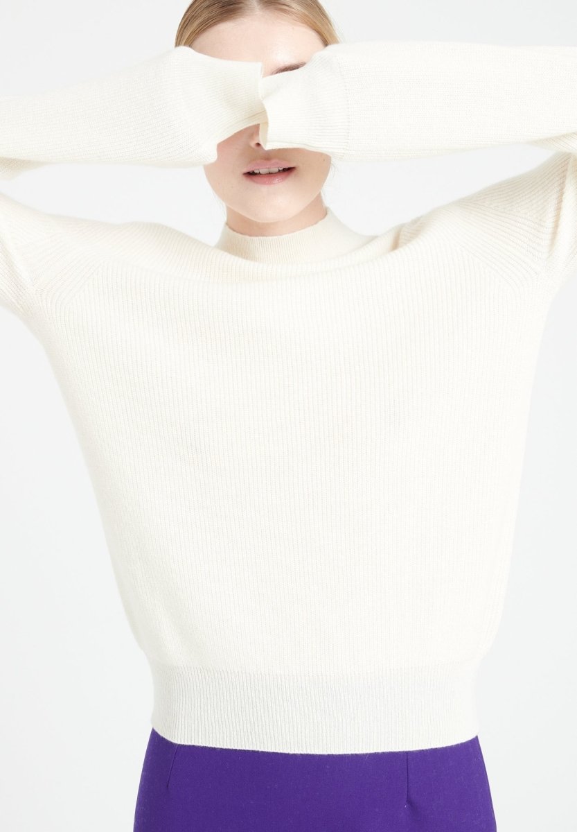 Pull col montant femme en cachemire blanc écru - MIA 1-3