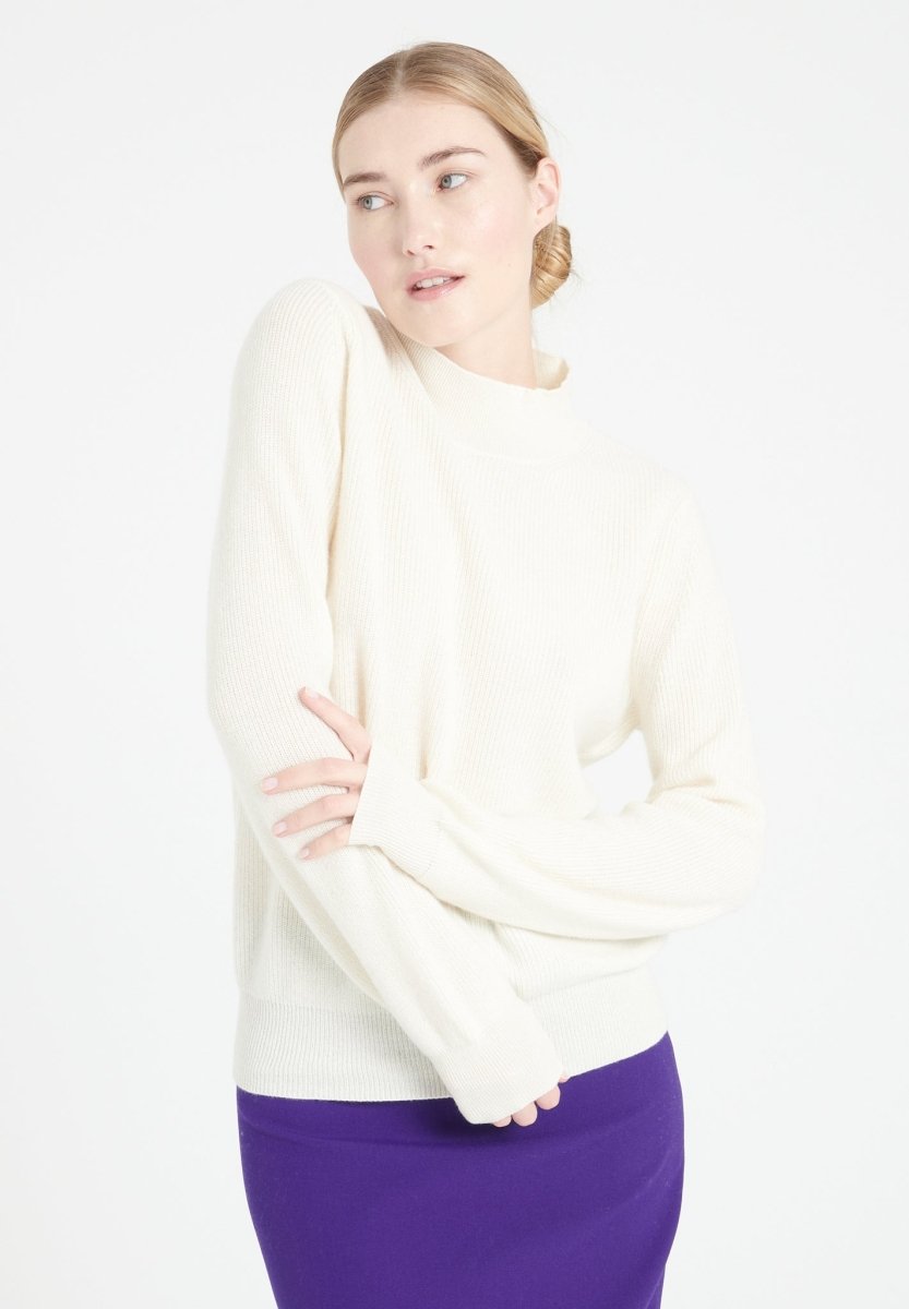 Pull col montant femme en cachemire blanc écru - MIA 1-0