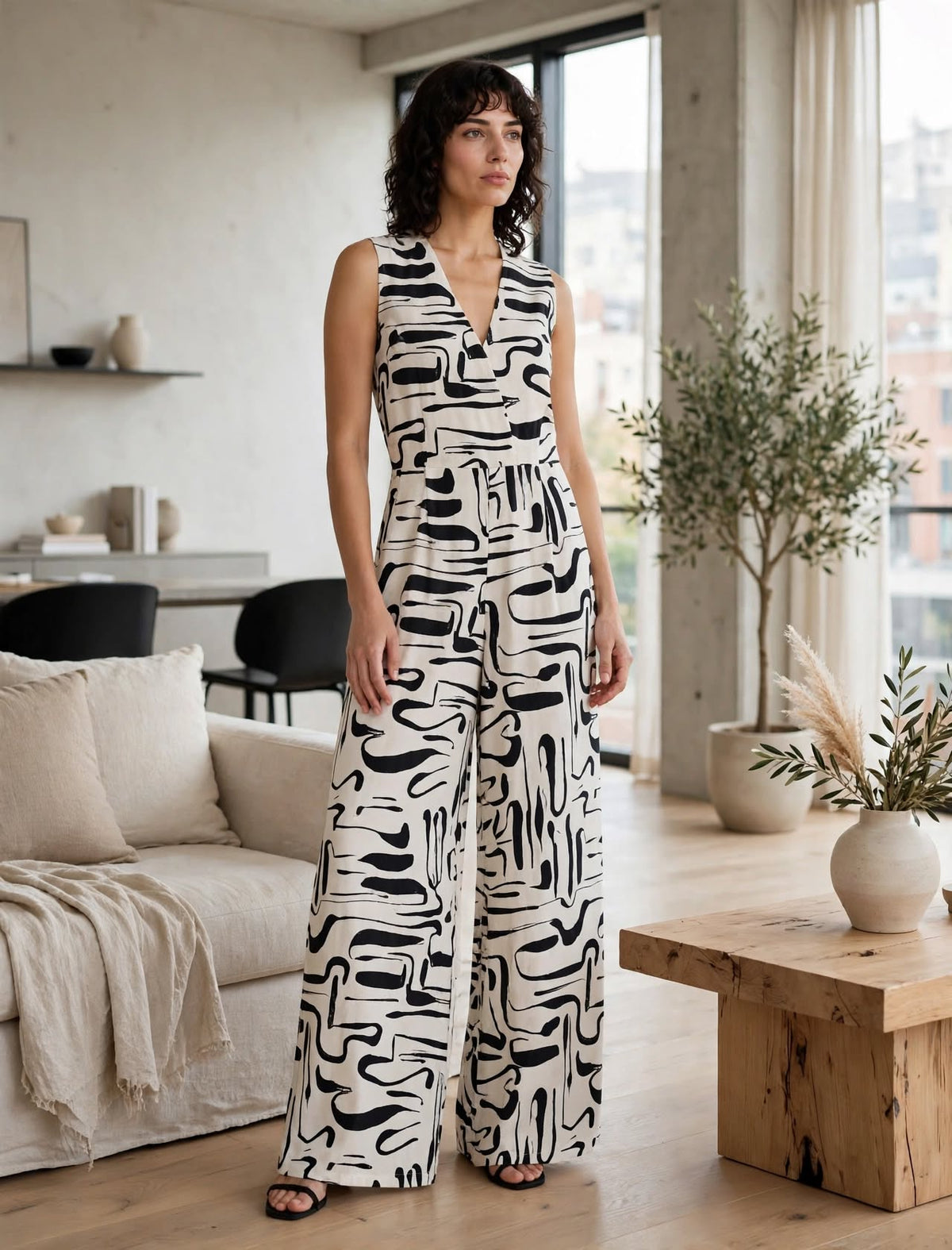 Black & ecru graphic print jumpsuit, sleeveless V-neck.