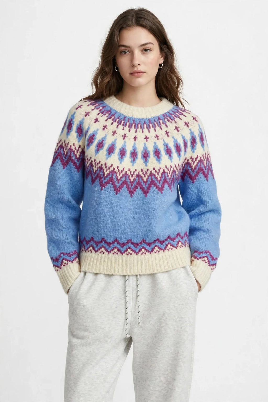 Pull Jacquard Bleu Ciel - Motif Nordique - Col Rond - S au XXL