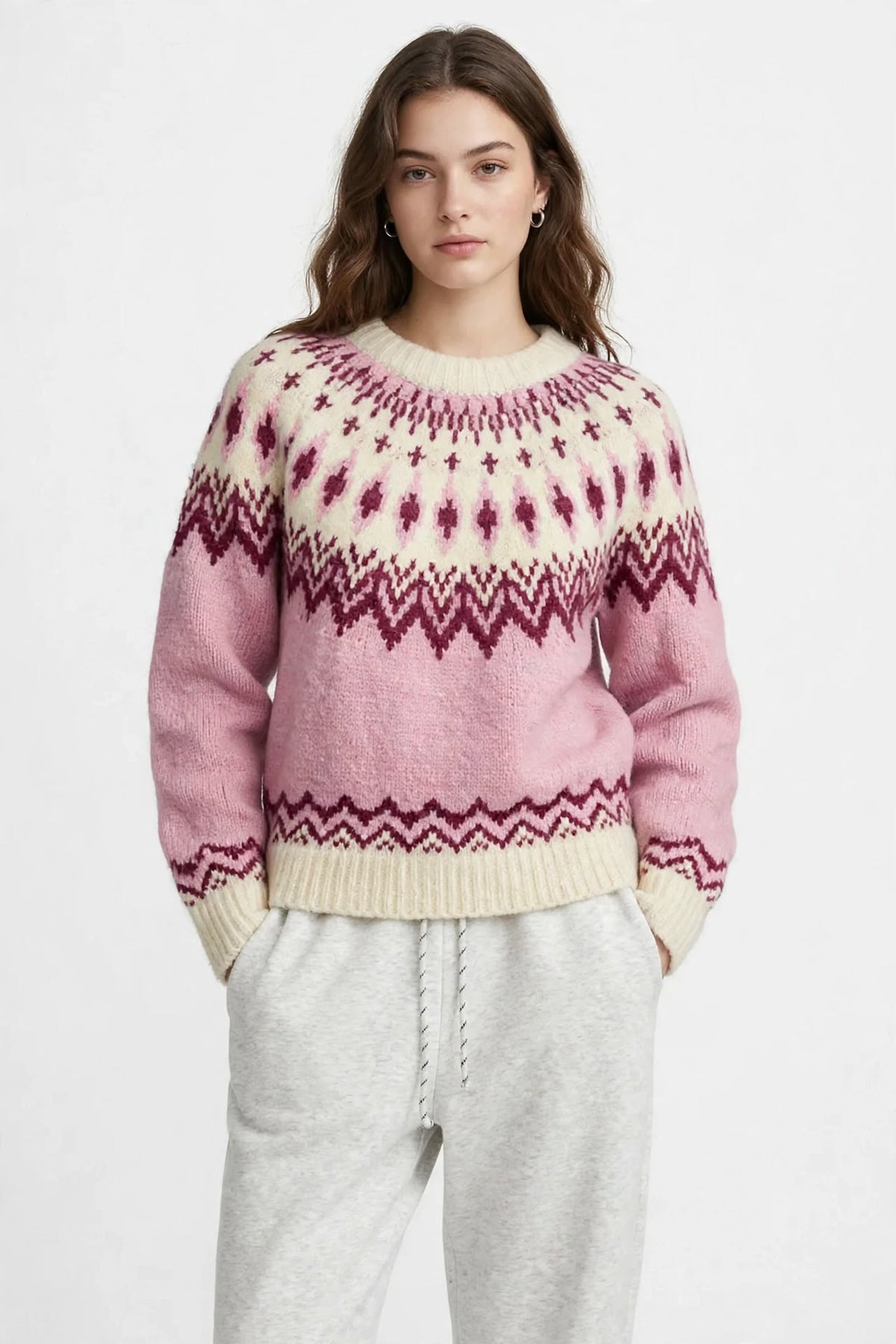 Pull Jacquard Bleu Ciel - Motif Nordique - Col Rond - S au XXL