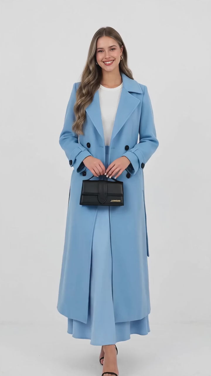 Manteau Long Bleu Ciel Ceinturé Femme