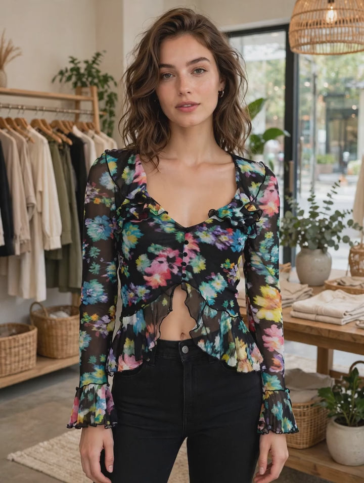 Desigual Oberteil schwarz mit Blumenmuster – Transparente Bluse mit Volants – Lange Ärmel