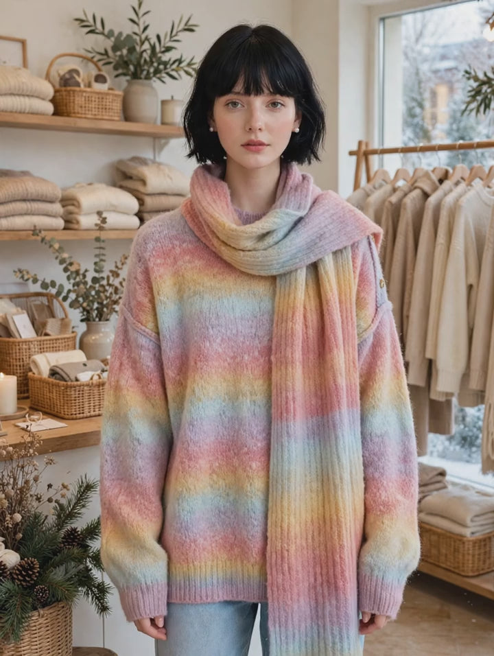 Pull Oversize Arc-en-Ciel Dégradé Pastel avec Écharpe - Rainbow Sweater