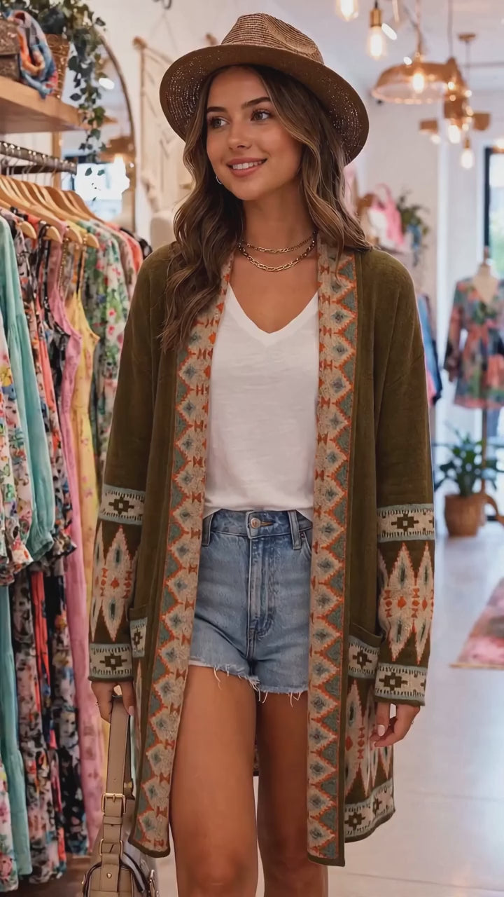GILET LONG AZTEC - SIERRA |  Le gilet qui réchauffe ton automne avec style boho.