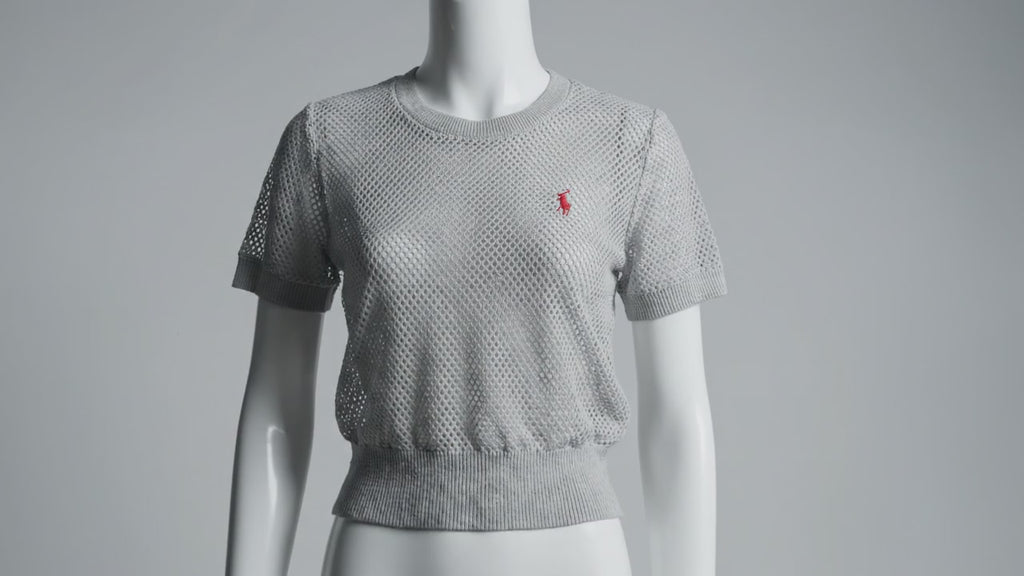 Women's light grey ultrafine openwork cashmere and wool short-sleeved crew-neck T-shirt - FRIDA 8