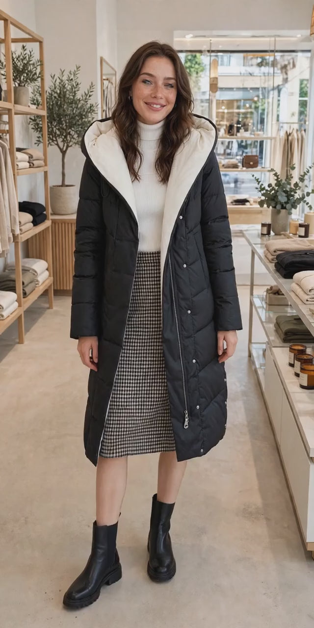 Women's Black Hooded Long Winter Parka