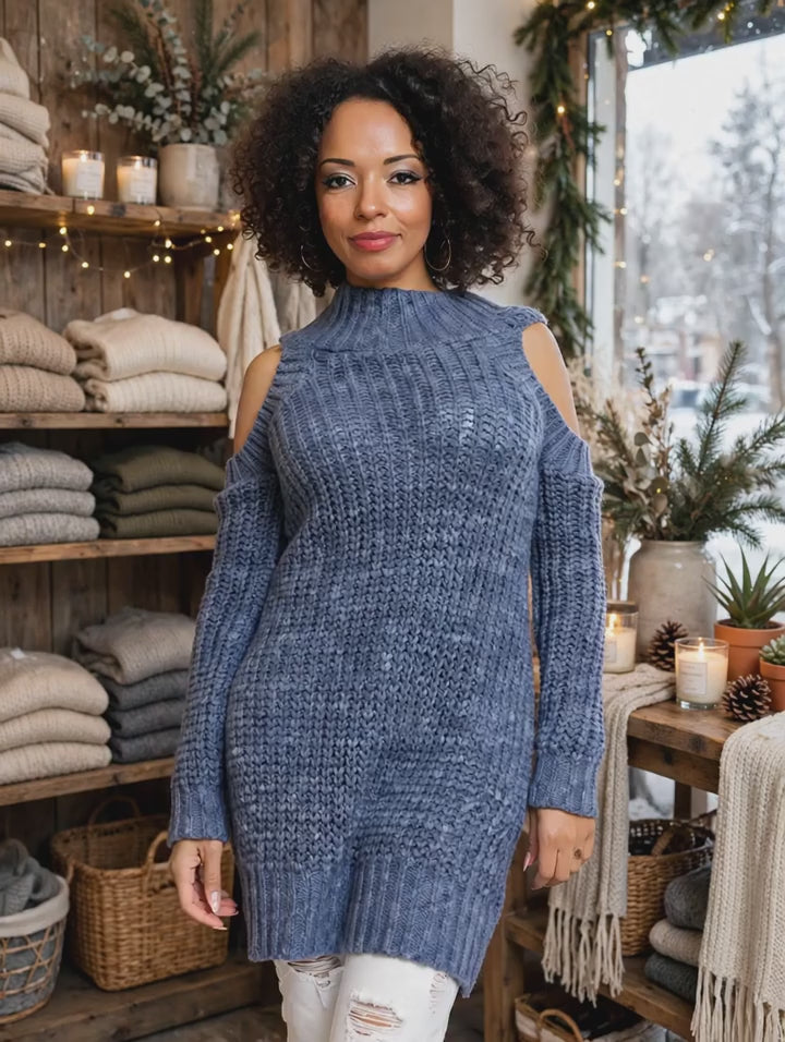 Pull Robe Grosse Maille Épaules Dénudées - 84345 PeeKaBoo - Bleu Jean