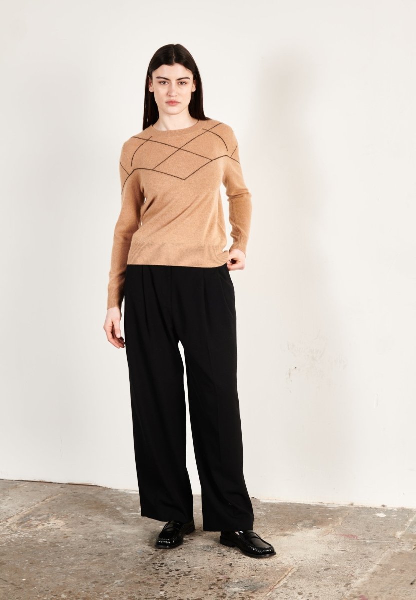 Pull col rond femme en cachemire camel clair & noir - HANA 4-1