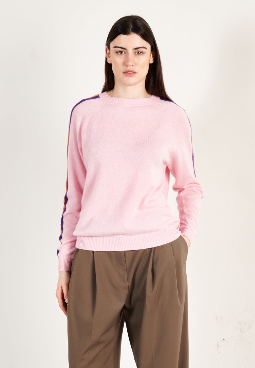 Pull col rond femme en cachemire rose baby & bande multicolor - ZAYA 19-0