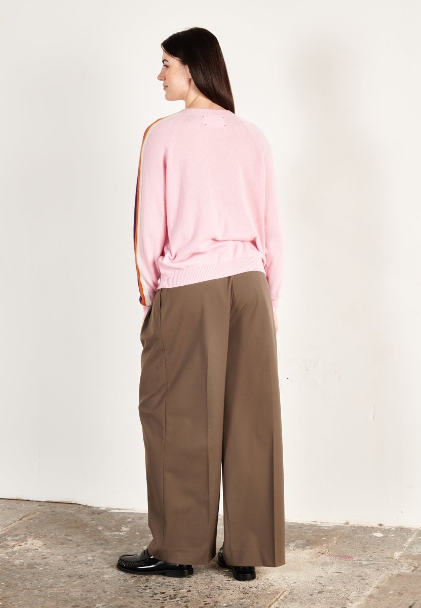 Pull col rond femme en cachemire rose baby & bande multicolor - ZAYA 19-4