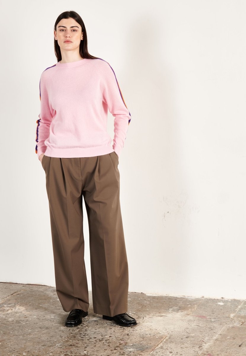 Pull col rond femme en cachemire rose baby & bande multicolor - ZAYA 19-2