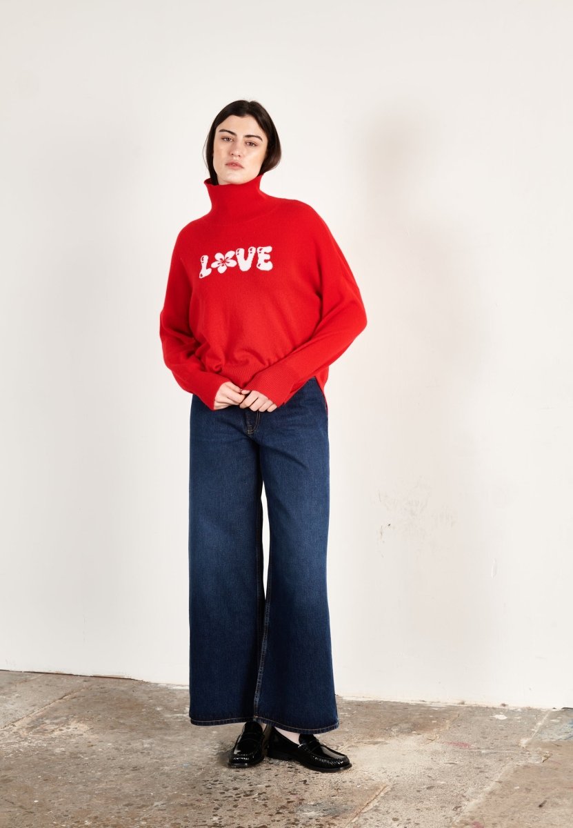 Pull col montant femme en cachemire rouge & blanc écru - HANA 14-1
