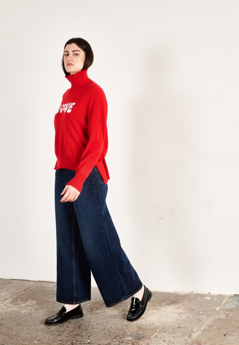 Pull col montant femme en cachemire rouge & blanc écru - HANA 14-2