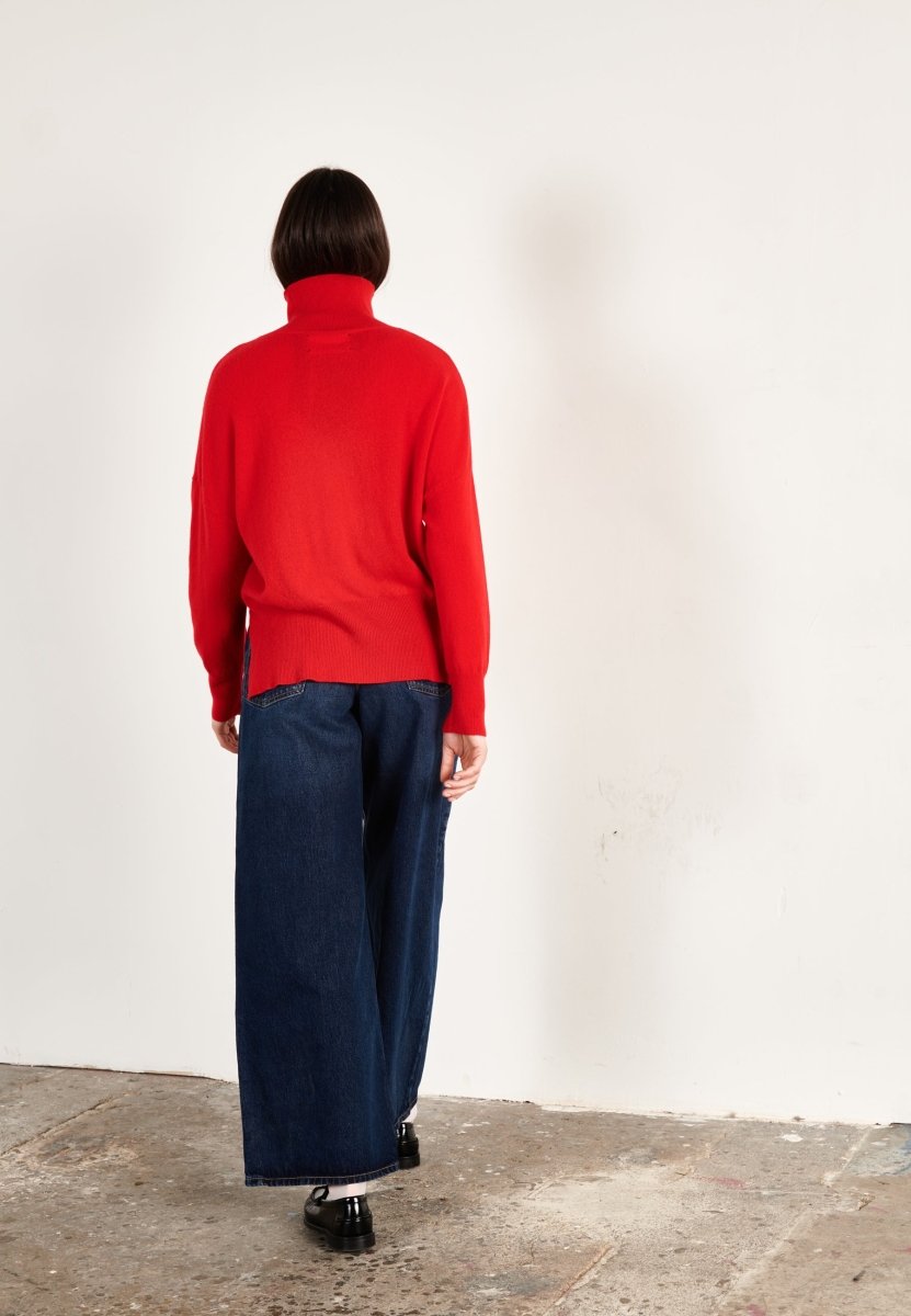 Pull col montant femme en cachemire rouge & blanc écru - HANA 14-4