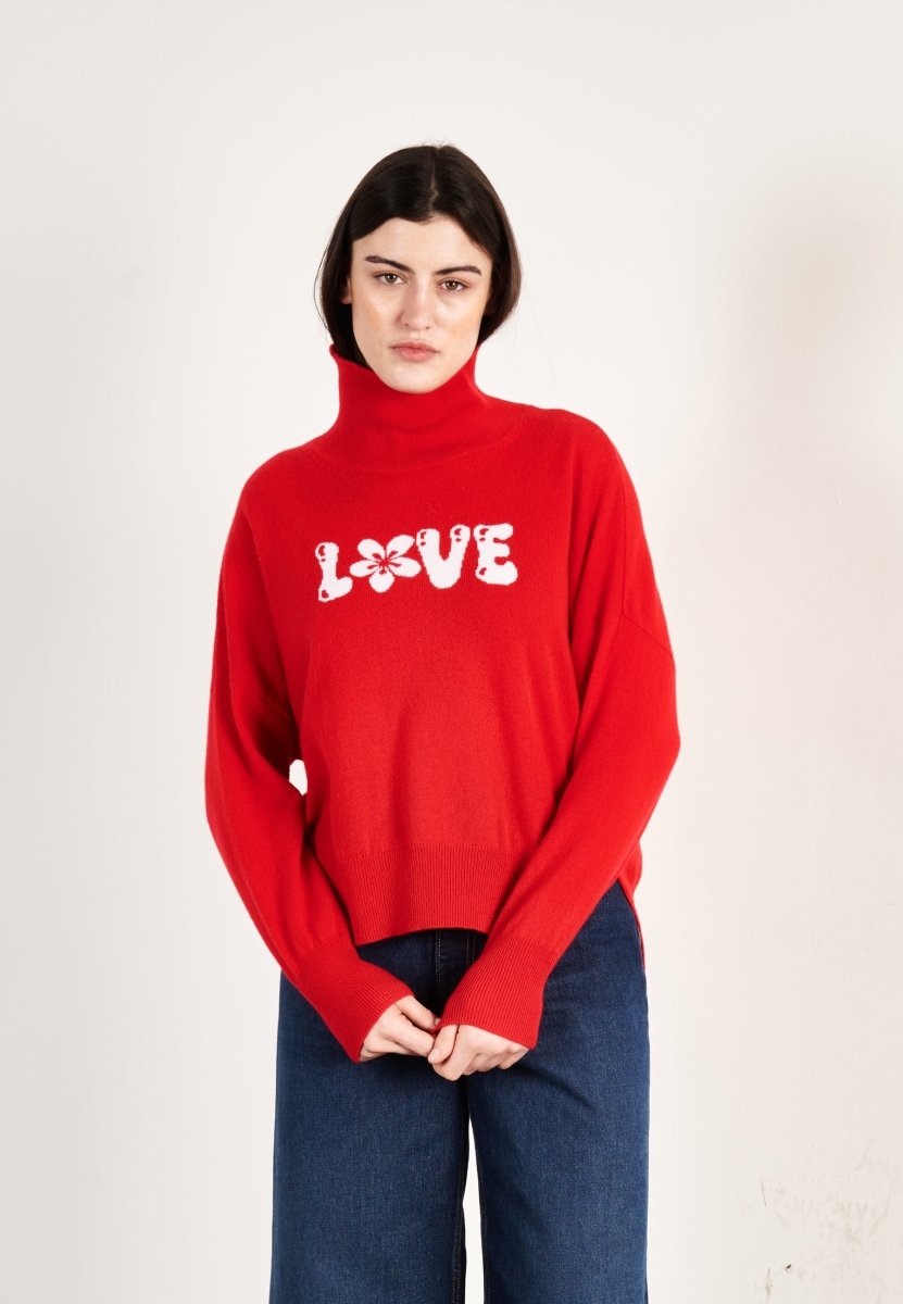 Pull col montant femme en cachemire rouge & blanc écru - HANA 14-0
