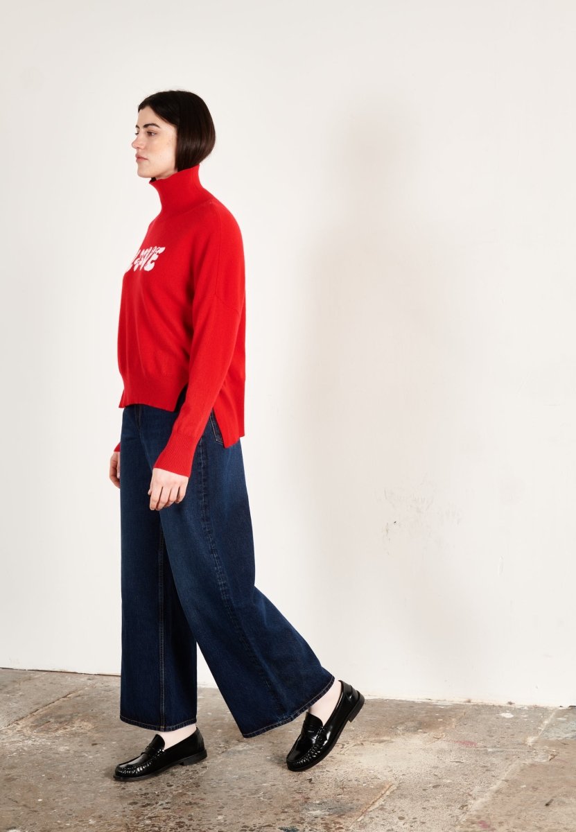 Pull col montant femme en cachemire rouge & blanc écru - HANA 14-3