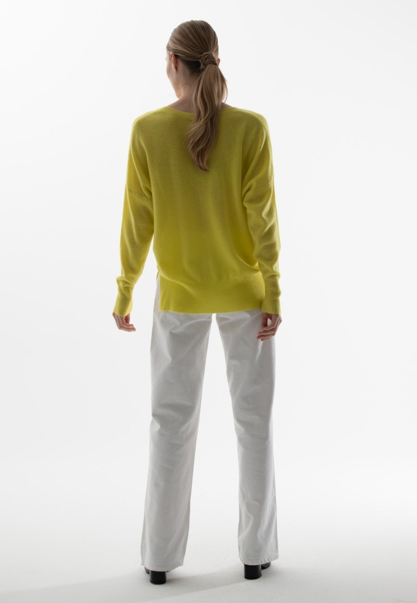 Pull col V femme en cachemire jaune fluo - RIA 3-3
