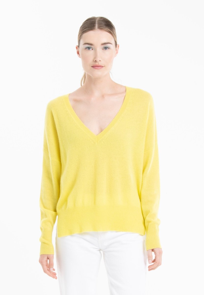 Pull col V femme en cachemire jaune fluo - RIA 3-0