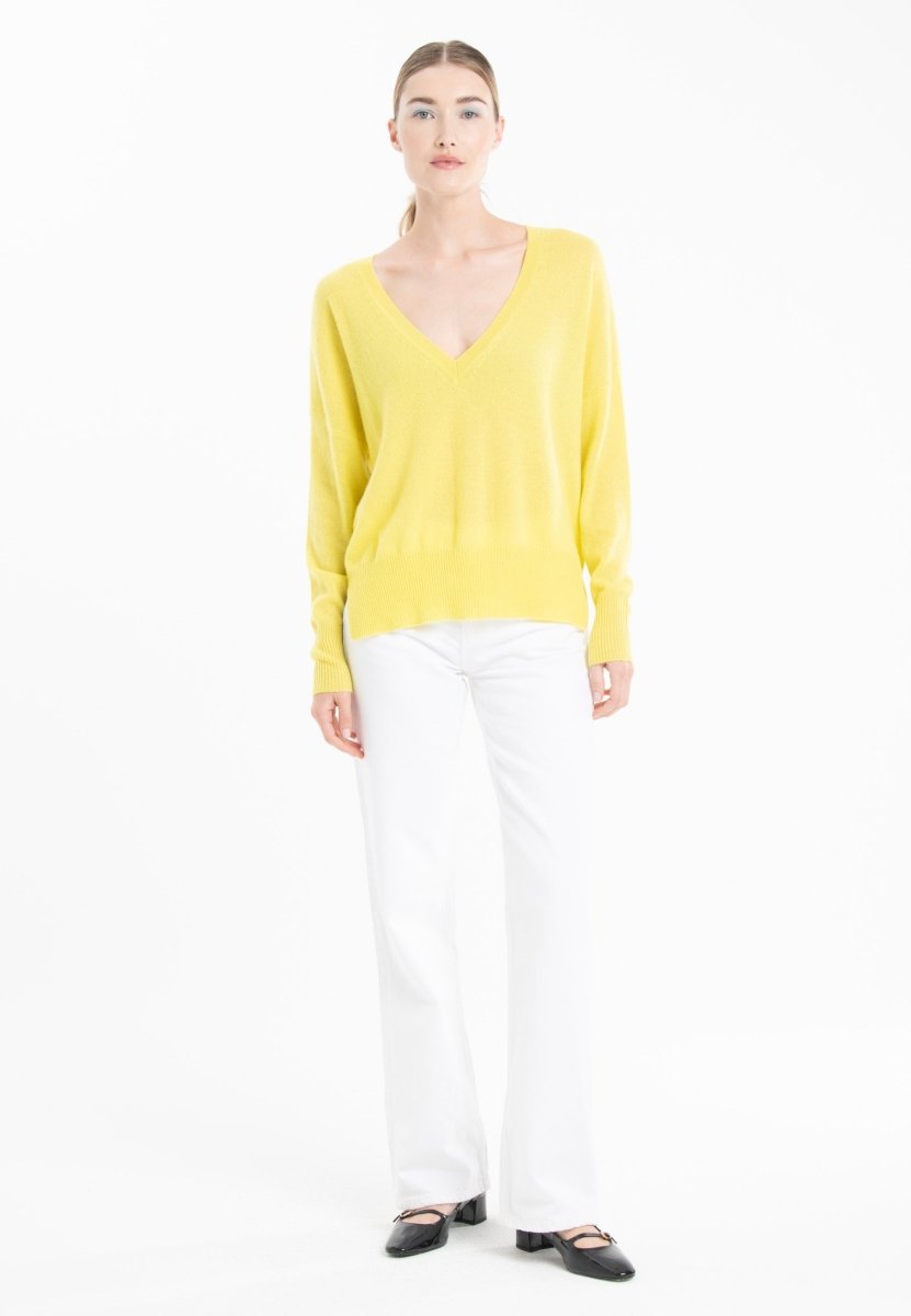 Pull col V femme en cachemire jaune fluo - RIA 3-2