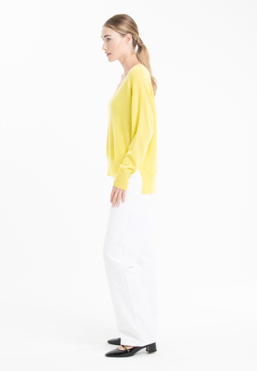 Pull col V femme en cachemire jaune fluo - RIA 3-1