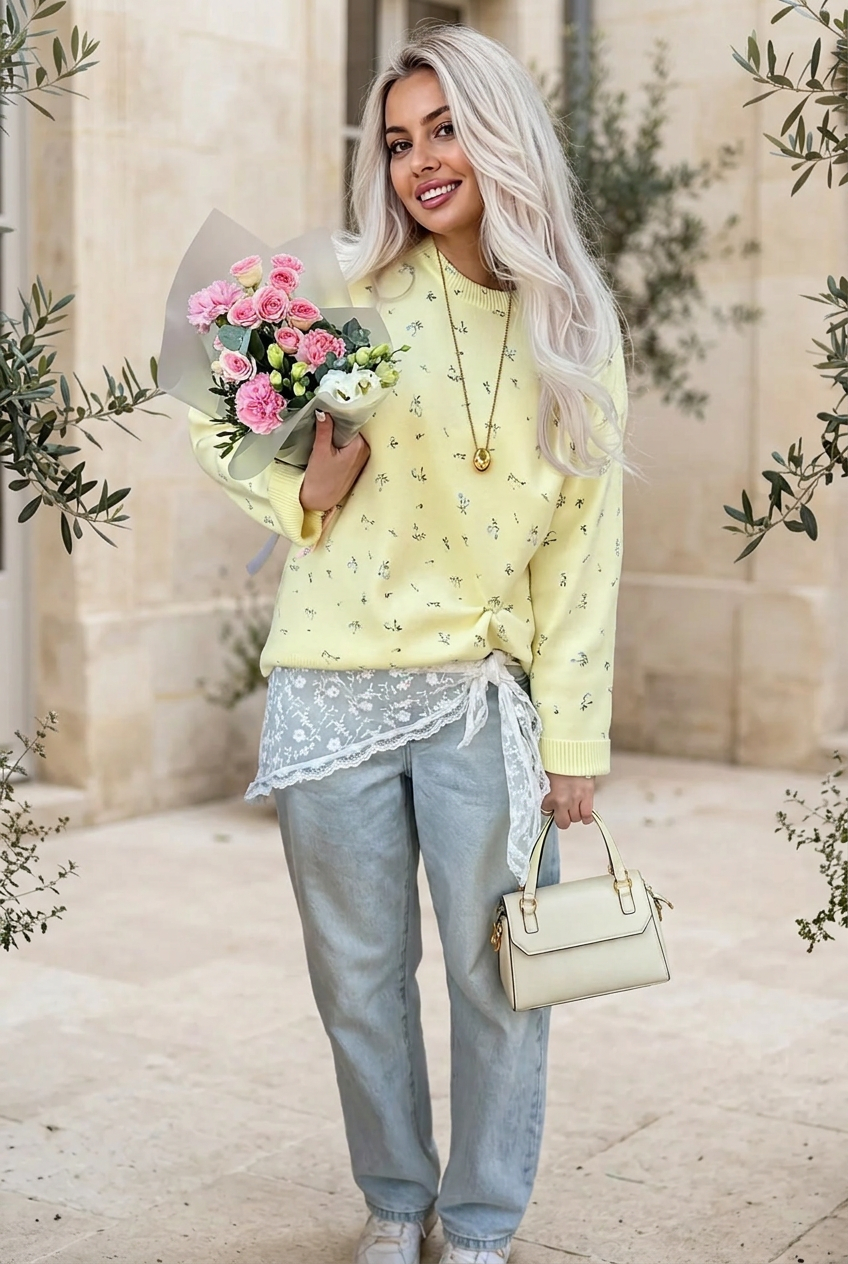 Pull jaune fleuri dans une cour extérieure crème